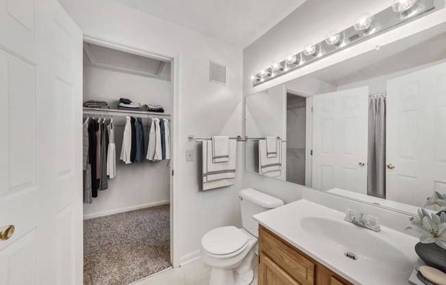 a bathroom with a toilet sink and mirror and a closet