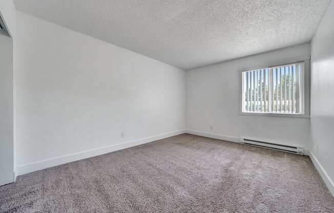 a bedroom with white walls and carpet