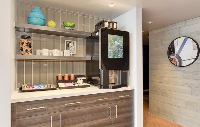 Leasing Office Beverage Station with Coffee Maker, Cabinets, Dog Treat Jar, and Candy Tray