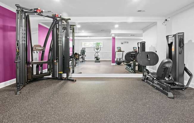 A gym with a pink wall and a variety of exercise equipment.