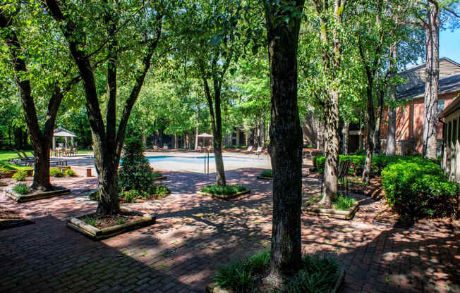 a view of a yard with trees and a swimming pool at The Summit Apartments, Memphis