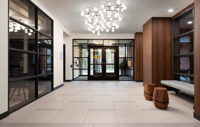 Lobby Entrance with Modern Decor and Lighting at The Hill Apartments, Minnesota, 55102