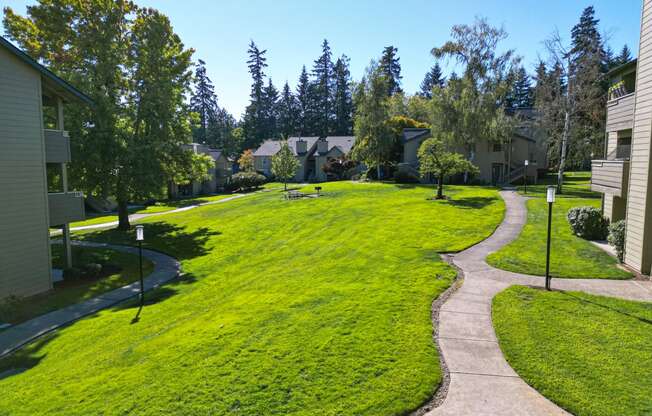 a grassy area with houses and trees