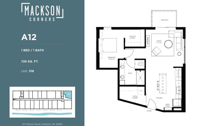 1 bed, 1 bath, 726 sqft, $1,750, Unit 218
