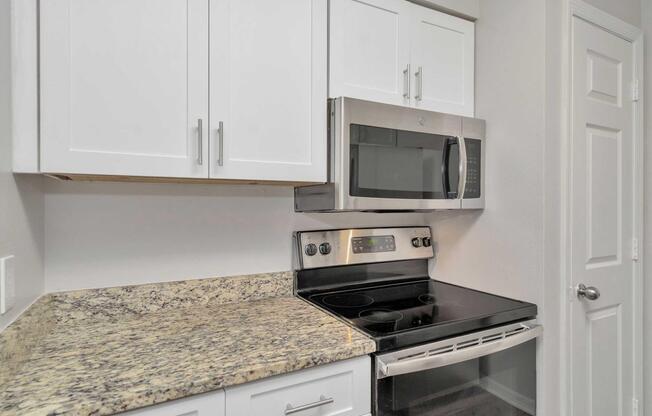 Modern kitchen with white cabinets and granite countertops. The image features a stainless steel microwave above a black electric range. A portion of the wall is visible next to the appliances, and a white door can be seen in the background, suggesting a clean and contemporary kitchen design.
