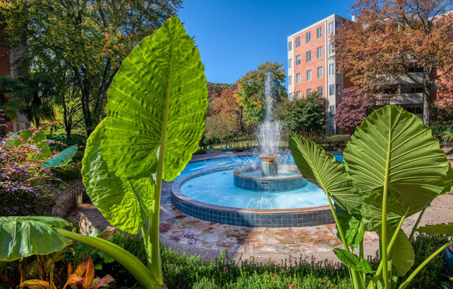 a fountain in a park with a building in the background