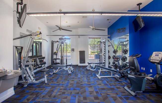 a gym with weights and other exercise equipment in a building with blue walls