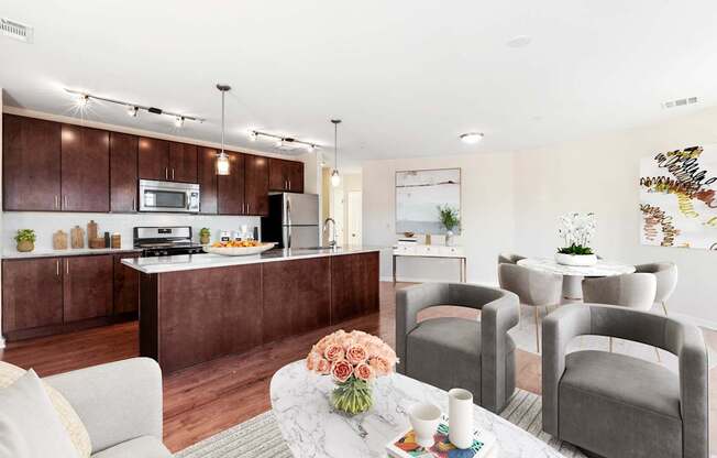 A modern kitchen with brown cabinets and a white island at Metro 303, Hempstead, NY, 11550