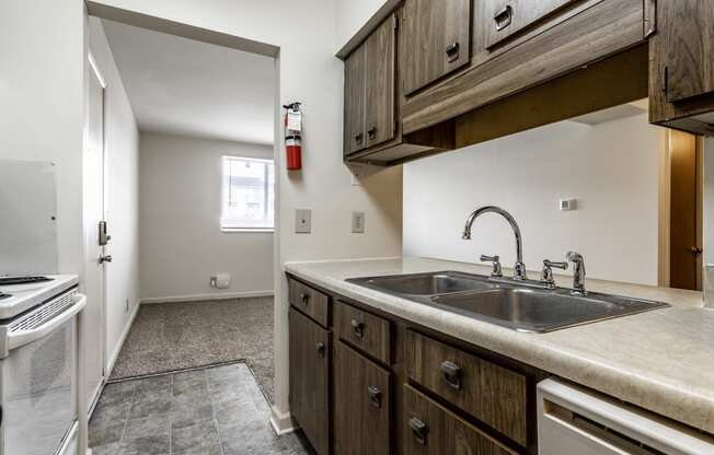 a kitchen with a sink and a stove and a refrigerator