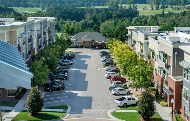 A parking lot with cars parked in it.