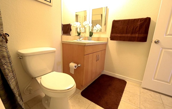 A white toilet sits in a bathroom next to a brown rug.