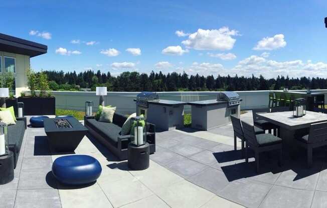 Rooftop patio with incredible views, fire-pit, barbecue grills, and lounge seating