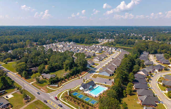 Elevated perspective showcasing the community’s homes and surroundings.
