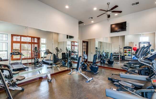 the gym has plenty of exercise equipment including treadmills and ellipticals