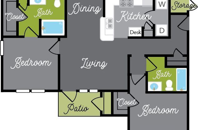 2 beds, 2 baths, 1,036 sqft, $1,296