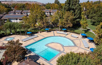 Aerial view of pool at The Woods Apartments, San Jose
