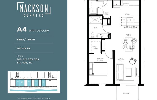 1 bed, 1 bath, 702 sqft, $1,425, Unit 409