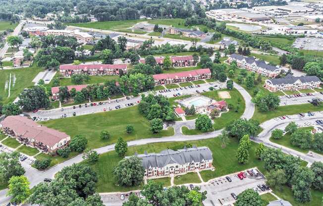 Drone view of apartment community at West Wind Apartments, Fort Wayne