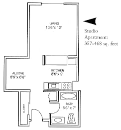 Studio, 1 bath, 434 sqft, $1,252