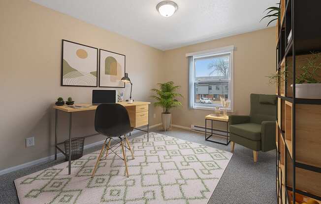 A room with a desk, chair, and a rug with a geometric pattern.