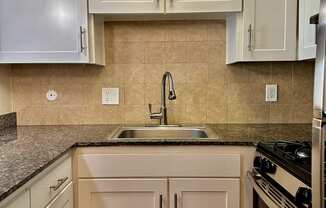 a kitchen with white cabinets and a sink