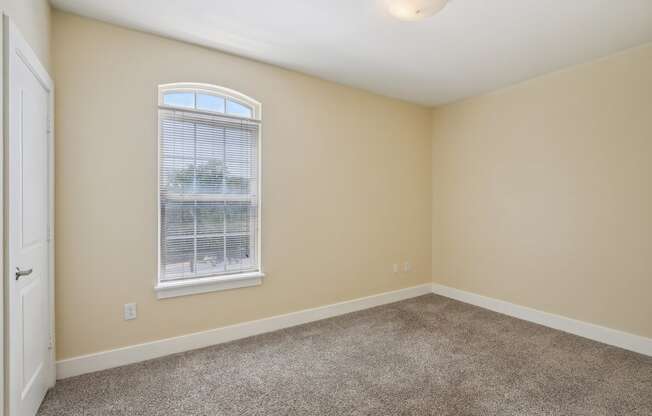 A room with a carpeted floor and a window with blinds.