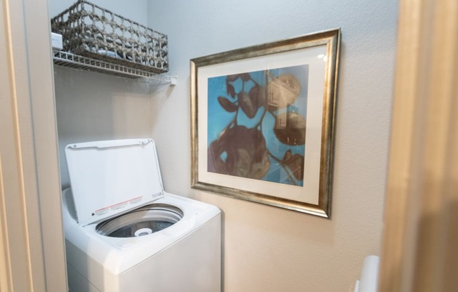 This is a photo of the utility closet with washer and dryer connections in the 826 square foot 1 bedroom , 1 bath apartment at The Brownstones Townhome Apartments in Dallas, TX.