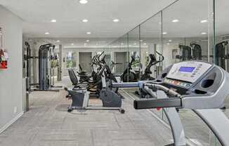 A gym with treadmills, elliptical machines and other cardio equipment.