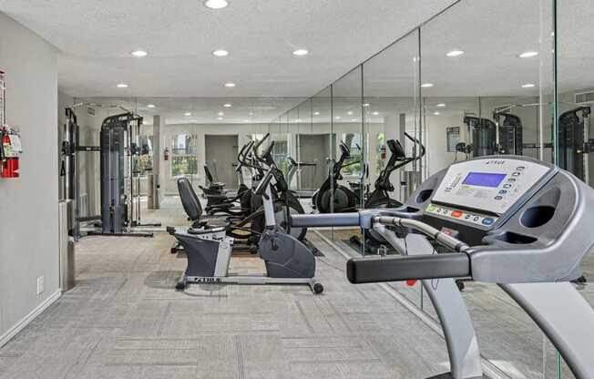 A gym with treadmills, elliptical machines and other cardio equipment.