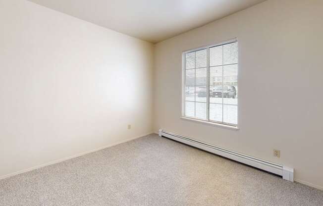 a bedroom with a large window and plush carpeting