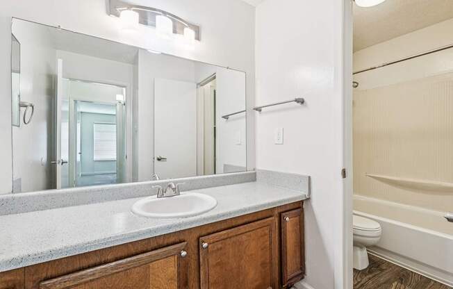 A bathroom with a sink, mirror, and bathtub.