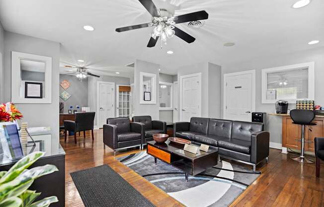 A living room with a grey couch and a ceiling fan.