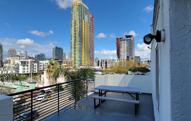 Community balconies with view of downtown San Diego at the Atrium Apartments.