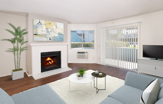 Living Room with Hard Surface Flooring, Fireplace and Balcony
