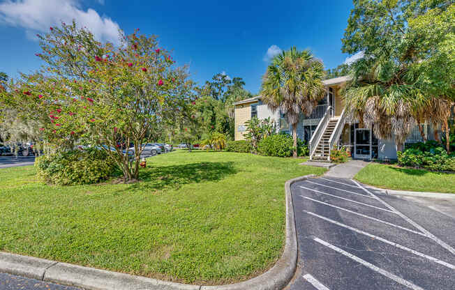 a house with a lawn and palm trees in front of it