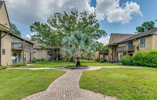 a palm tree sits in the middle of a brick path in front of some apartments