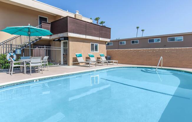 a pool next to a building