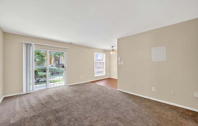 A room with a carpeted floor and a sliding glass door leading to a patio.