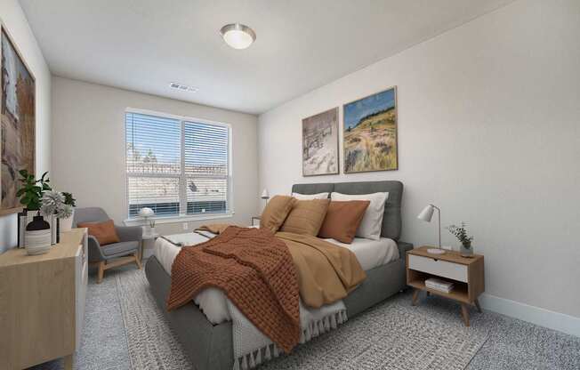 A bedroom with a large bed and a window overlooking a cityscape.