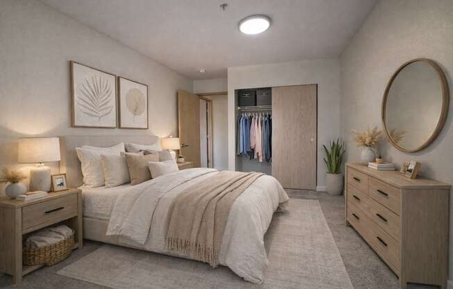 A well-lit bedroom with a large bed, a dresser, and a mirror.