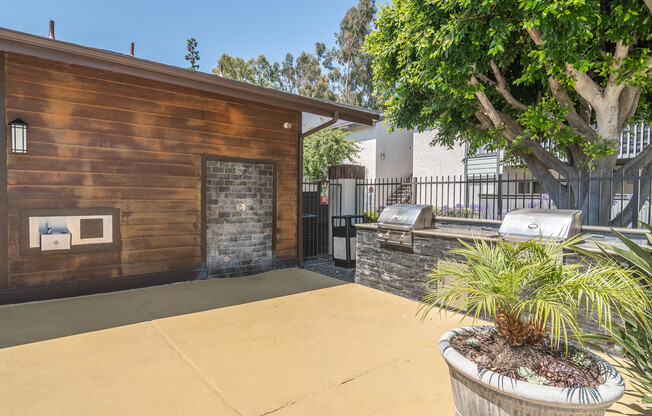 the backyard of a house with a pool and a tree