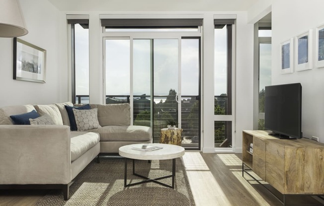 4730 California Apartments Model Living Room Floor-to-Ceiling Windows