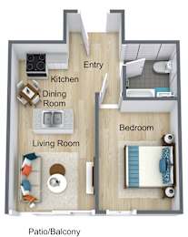 A diagram of a small apartment with a living room, dining room, kitchen, and bedroom.