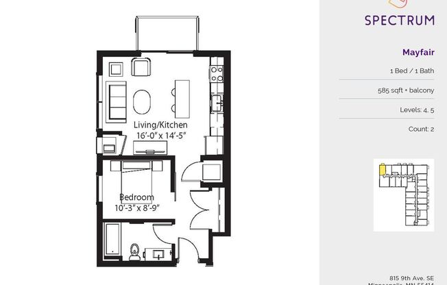 1 bed, 1 bath, 585 sqft, $1,395, Unit 500