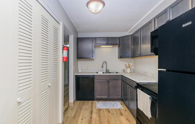 A modern kitchen featuring dark wood cabinets, a black refrigerator, and a black stove. The countertop is light-colored with a sink and dish mat. There are closed louvered doors on one side, and a fire extinguisher is visible on the wall. The floor is wood laminate, creating a warm and inviting atmosphere.