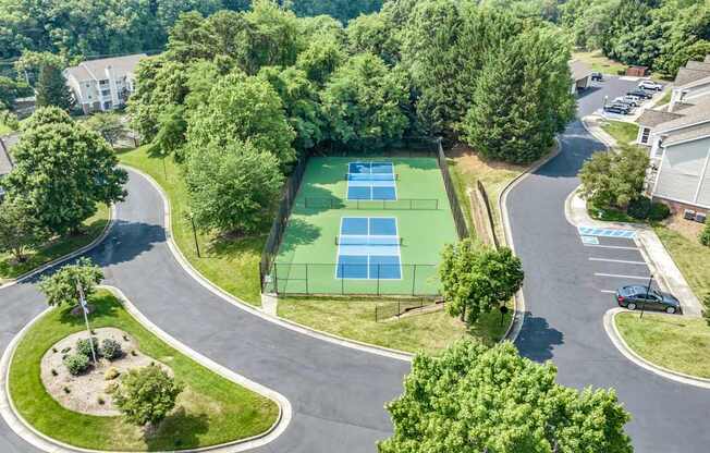 A tennis court is surrounded by trees and a road.
