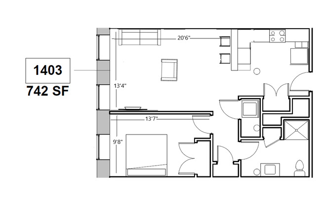 1 bed, 1 bath, 644 sqft, $1,775, Unit 1403