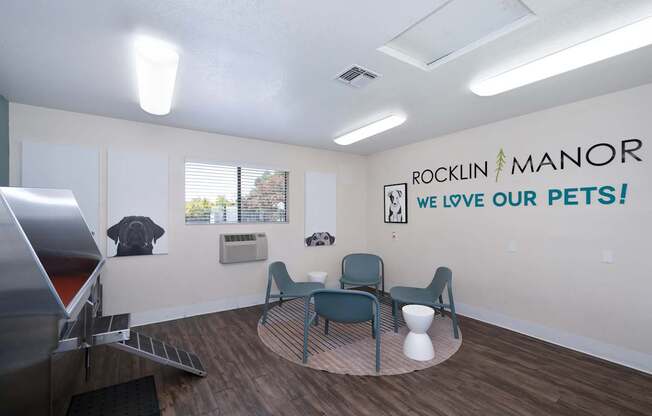 A room with a sign that says