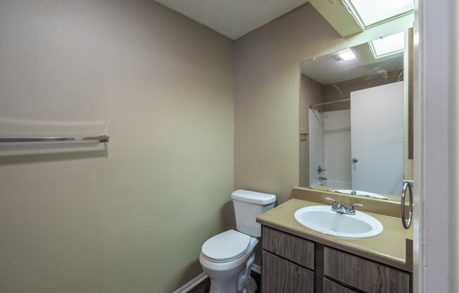 A bathroom with a toilet, sink, and mirror.