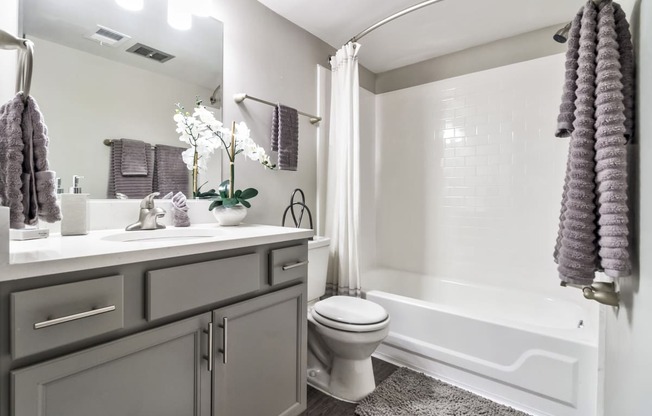 Bathroom with vanity and a full size bathtub with ceramic tile surround at Woods of Fairfax